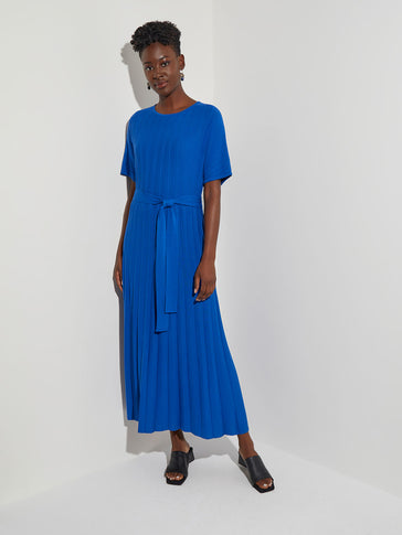 A-Line Tie-Waist Soft Ribbed Knit Dress, Lyons Blue | Misook
