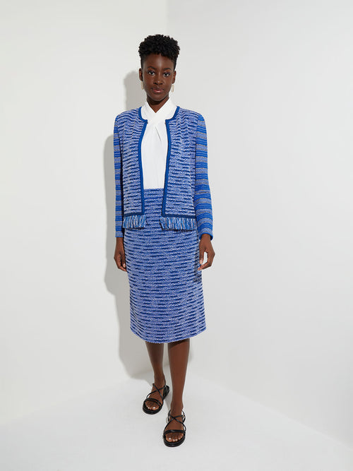 Fringe Trim Contrast Sleeve Recycled Knit Tweed Jacket, Lyons Blue/New Ivory/Black | Misook