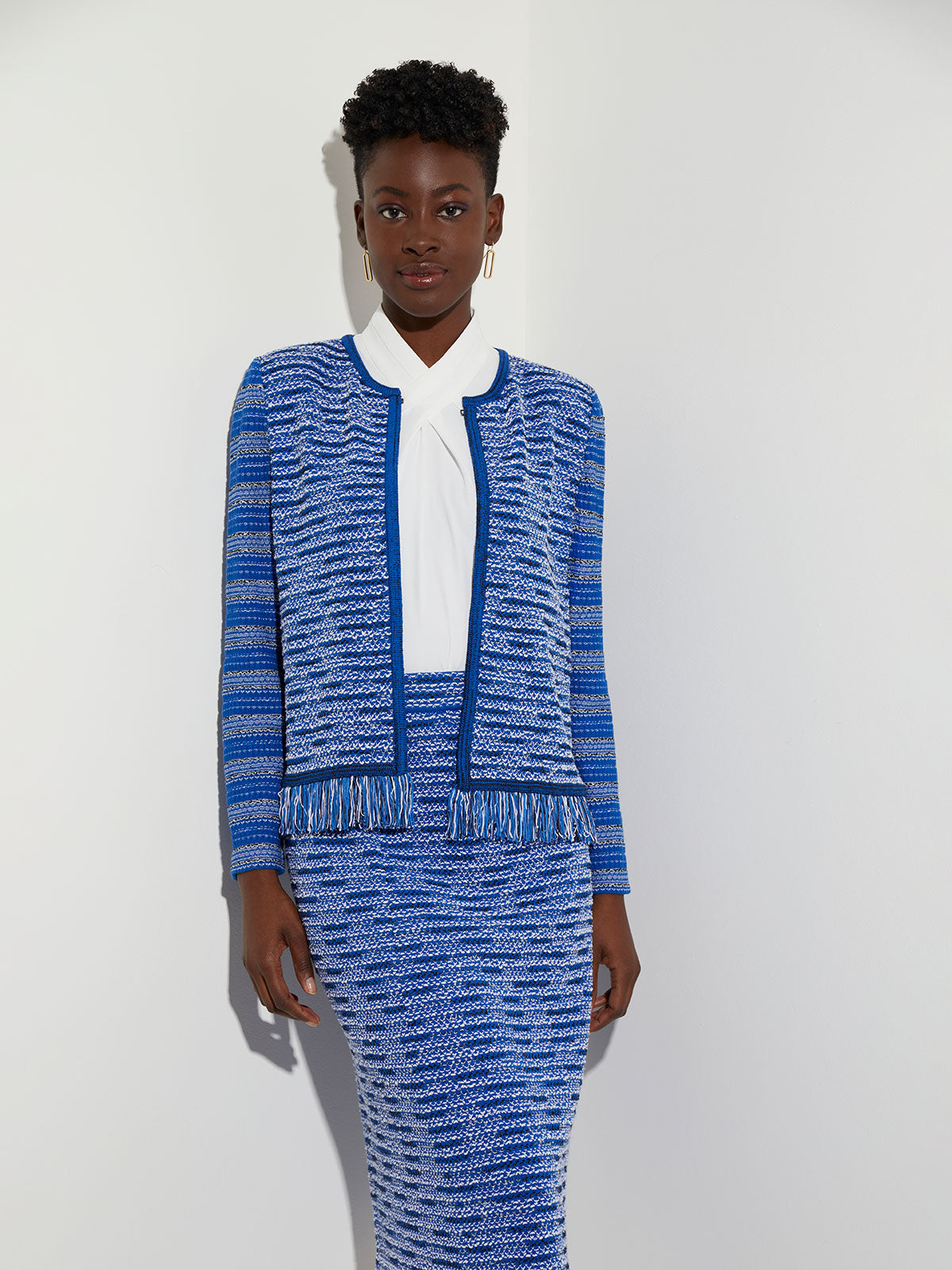 Misook Fringe Trim Contrast Sleeve Recycled Knit Tweed Jacket Lyons Blue/New Ivory/Black / XL