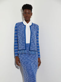 Fringe Trim Contrast Sleeve Recycled Knit Tweed Jacket, Lyons Blue/New Ivory/Black | Misook