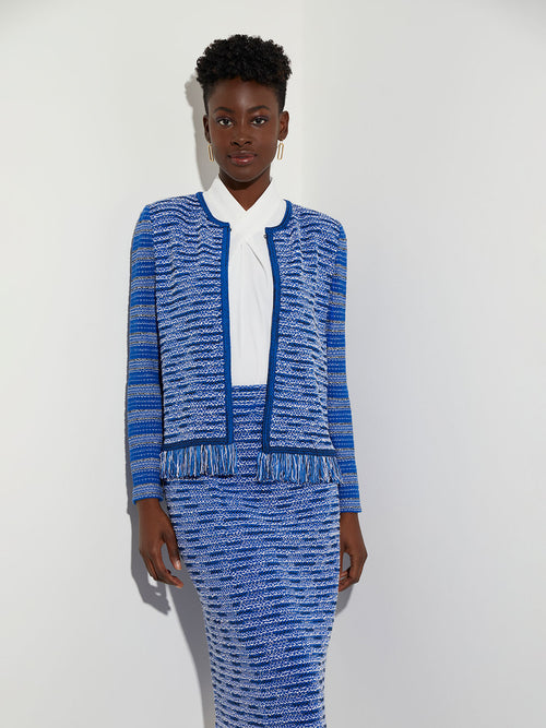 Fringe Trim Contrast Sleeve Recycled Knit Tweed Jacket, Lyons Blue/New Ivory/Black | Misook