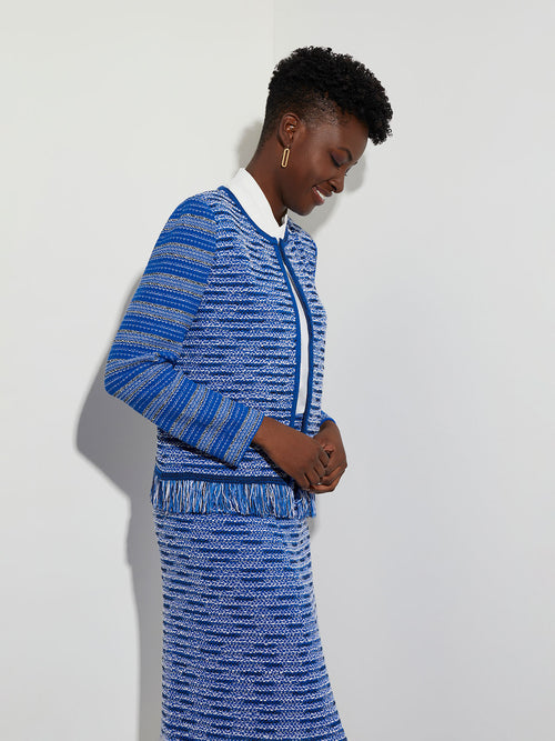 Fringe Trim Contrast Sleeve Recycled Knit Tweed Jacket, Lyons Blue/New Ivory/Black | Misook