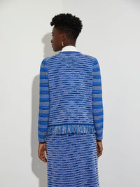 Fringe Trim Contrast Sleeve Recycled Knit Tweed Jacket, Lyons Blue/New Ivory/Black | Misook