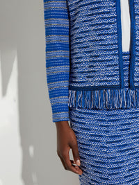 Fringe Trim Contrast Sleeve Recycled Knit Tweed Jacket, Lyons Blue/New Ivory/Black | Misook Premium Details