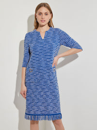 Fringe Trim Recycled Knit Tweed Shift Dress, Lyons Blue/New Ivory/Black | Misook