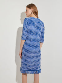 Fringe Trim Recycled Knit Tweed Shift Dress, Lyons Blue/New Ivory/Black | Misook