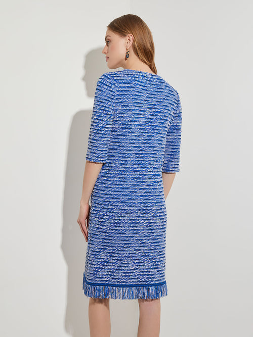 Fringe Trim Recycled Knit Tweed Shift Dress, Lyons Blue/New Ivory/Black | Misook