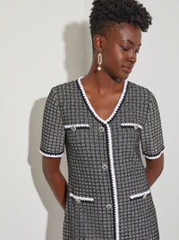 Tweed Knit Sheath Dress, Black/New Ivory | Misook Premium Details