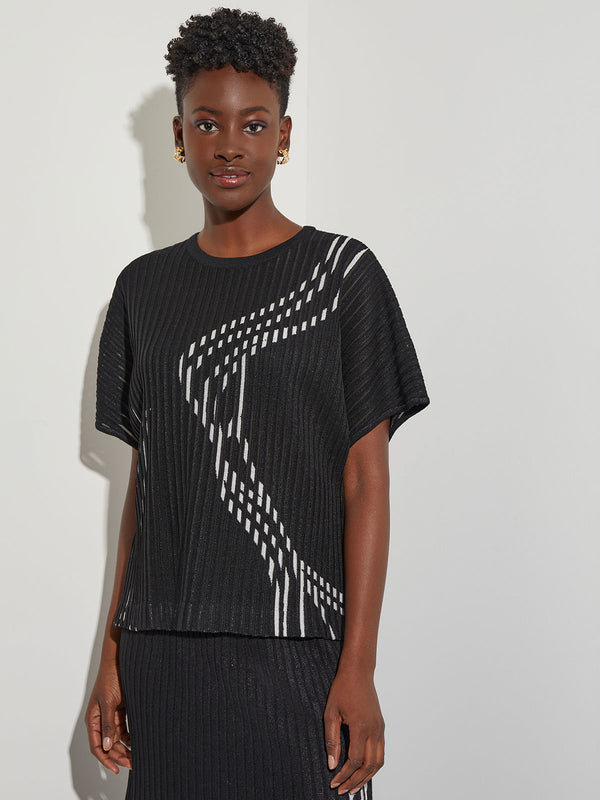 Abstract Stitch Knit Short Sleeve Tunic, Black/New Ivory | Misook