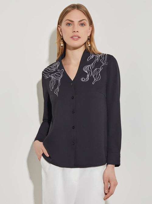 Abstract Stitch Embroidered Button-Front Crepe Blouse, Black/White | Misook