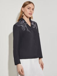 Abstract Stitch Embroidered Button-Front Crepe Blouse, Black/White | Misook