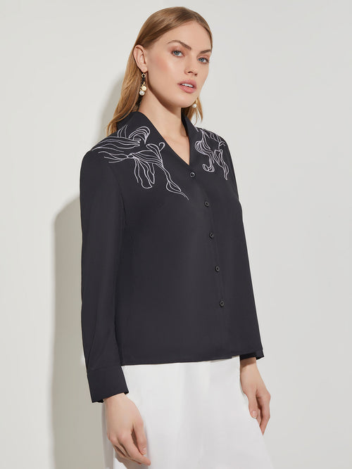 Abstract Stitch Embroidered Button-Front Crepe Blouse, Black/White | Misook