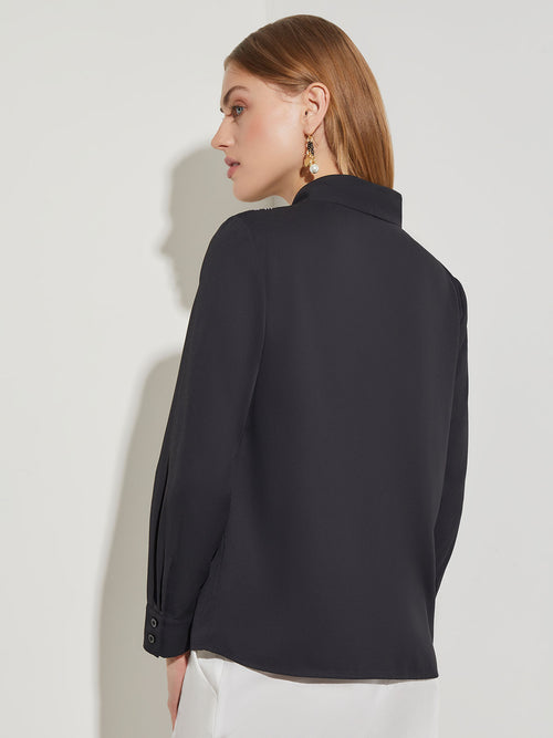 Abstract Stitch Embroidered Button-Front Crepe Blouse, Black/White | Misook