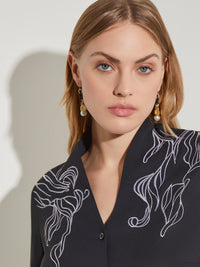 Abstract Stitch Embroidered Button-Front Crepe Blouse, Black/White | Misook Premium Details