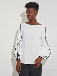 Contrast Trim Butterfly Sleeve Crepe Blouse, White, White/Black | Misook