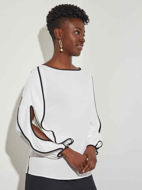 Contrast Trim Butterfly Sleeve Crepe Blouse, White, White/Black | Misook