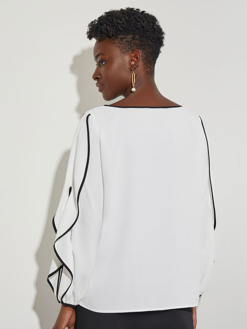 Contrast Trim Butterfly Sleeve Crepe Blouse, White, White/Black | Misook