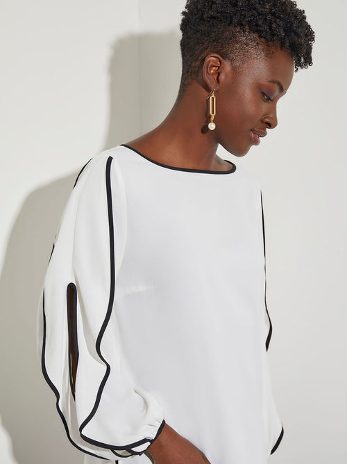Contrast Trim Butterfly Sleeve Crepe Blouse, White, White/Black | Misook Premium Details