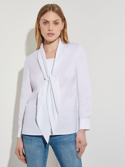 Tie-Neck Cotton Poplin Blouse, White | Misook