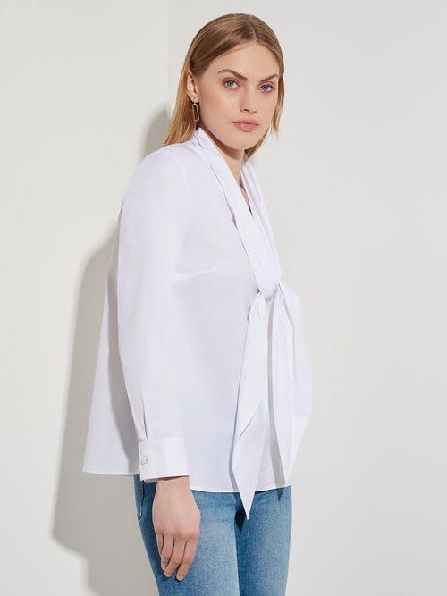 Tie-Neck Cotton Poplin Blouse, White | Misook