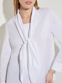 Tie-Neck Cotton Poplin Blouse, White | Misook Premium Details