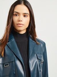 Vegan Leather Cropped Blazer, Marine Teal | Misook Premium Details