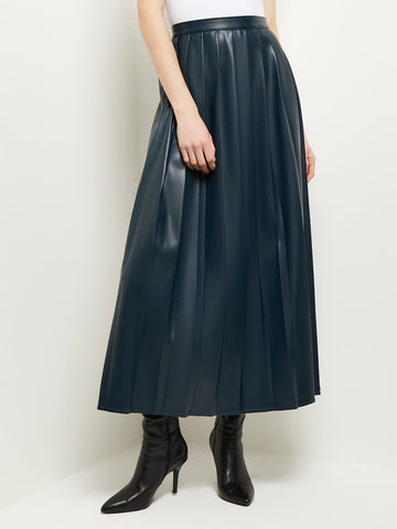 Pleated Vegan Leather Maxi Skirt, Marine Teal