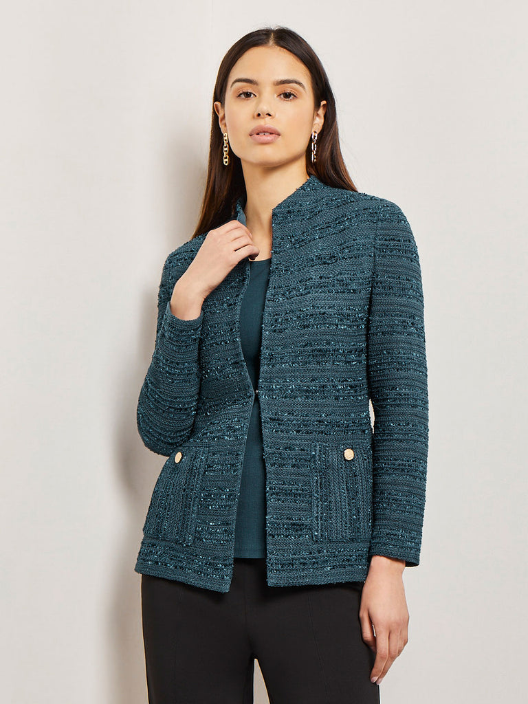 Stand Neck Tailored Tweed Knit Jacket