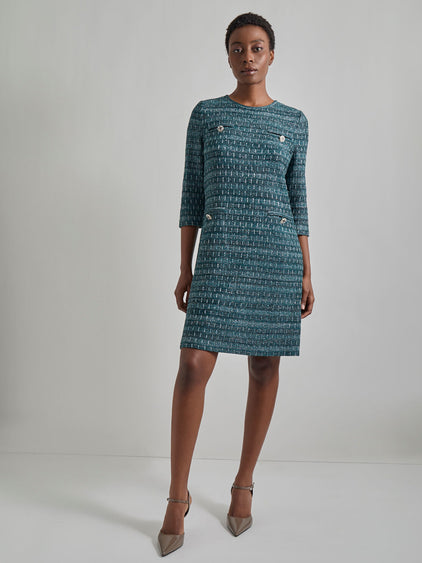 knit shift dress London Times Orange Blue Geometric Knit Shift Dress 3/4 Sleeve Size 8