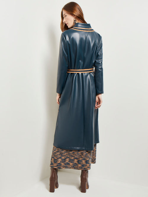 Belted Long Vegan Leather Jacket, Marine Teal/Black/Goldenwood | Misook