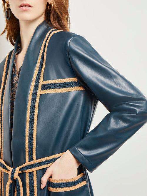 Belted Long Vegan Leather Jacket, Marine Teal/Black/Goldenwood | Misook Premium Details