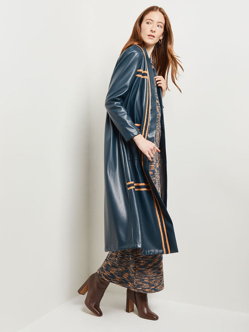 Belted Long Vegan Leather Jacket, Marine Teal/Black/Goldenwood | Misook