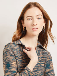 Collared V-Neck Knit Tunic, Marine Teal/Black/Goldenwood | Misook Premium Details