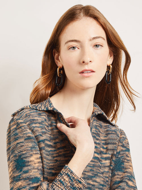 Collared V-Neck Knit Tunic, Marine Teal/Black/Goldenwood | Misook Premium Details