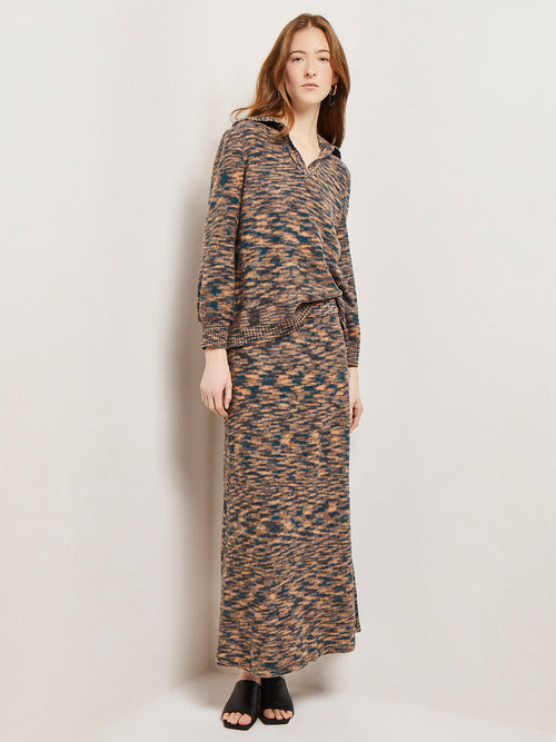 Collared V-Neck Knit Tunic, Marine Teal/Black/Goldenwood | Misook
