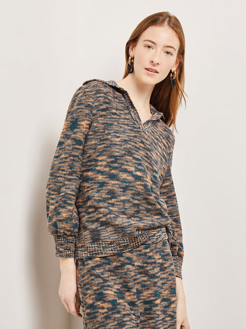 Collared V-Neck Knit Tunic, Marine Teal/Black/Goldenwood | Misook