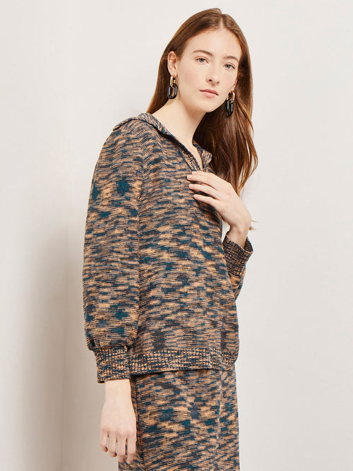 Collared V-Neck Knit Tunic, Marine Teal/Black/Goldenwood | Misook