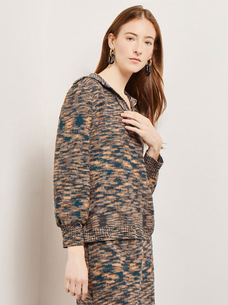 Collared V-Neck Knit Tunic, Marine Teal/Black/Goldenwood | Misook