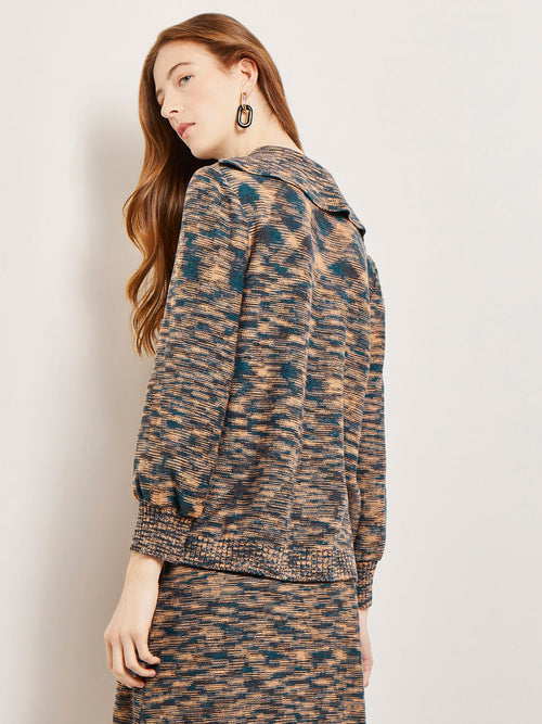 Collared V-Neck Knit Tunic, Marine Teal/Black/Goldenwood | Misook