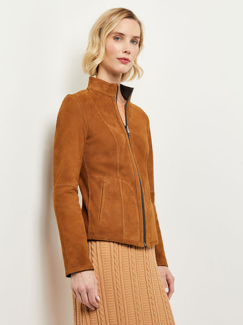Zip Front Reversible Leather Jacket, Goldenwood/Black | Misook