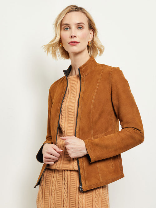 Zip Front Reversible Leather Jacket, Goldenwood/Black | Misook
