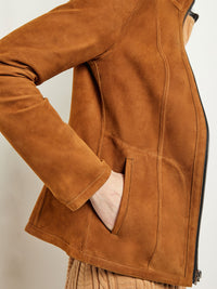 Zip Front Reversible Leather Jacket, Goldenwood/Black | Misook Premium Details