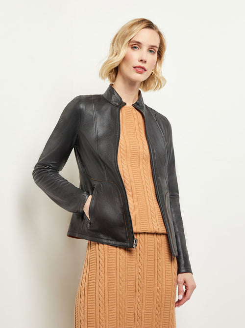 Zip Front Reversible Leather Jacket, Goldenwood/Black | Misook