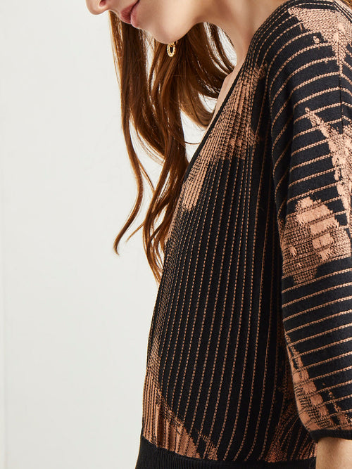 Batwing Sleeve Soft Jacquard Knit Midi Dress, Goldenwood/Black | Misook Premium Details