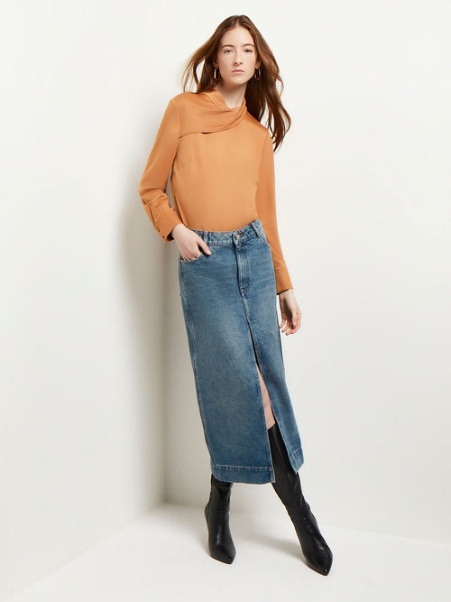 Draped High Neck Crepe de Chine Blouse, Goldenwood, Goldenwood | Misook