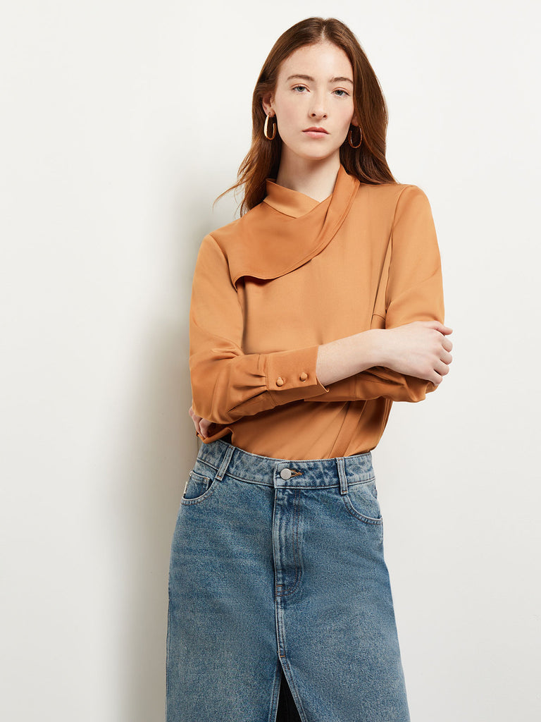 Draped High Neck Crepe de Chine Blouse, Goldenwood, Goldenwood | Misook