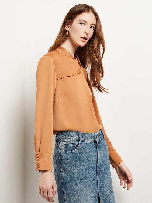 Draped High Neck Crepe de Chine Blouse, Goldenwood, Goldenwood | Misook