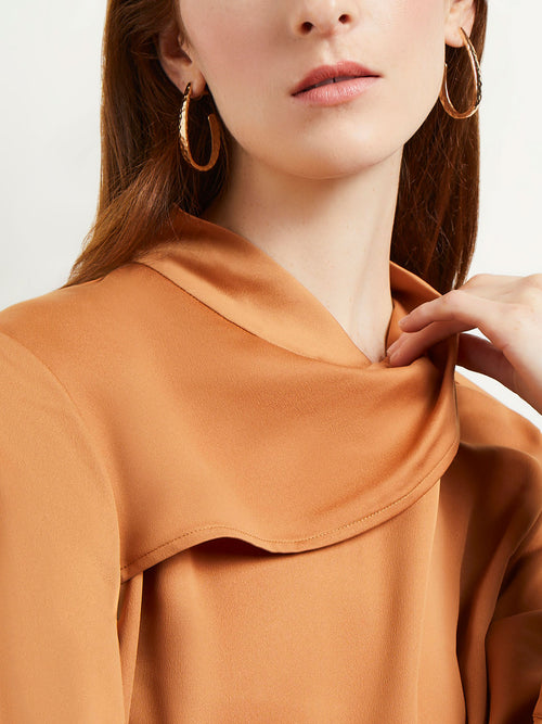 Draped High Neck Crepe de Chine Blouse, Goldenwood, Goldenwood | Misook Premium Details
