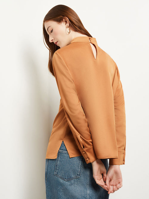 Draped High Neck Crepe de Chine Blouse, Goldenwood, Goldenwood | Misook