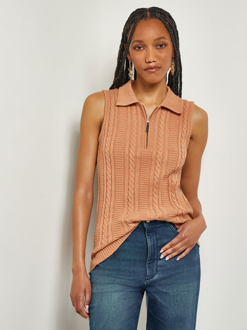 Lapel Collar Zip Neck Cable Knit Tank, Goldenwood | Misook